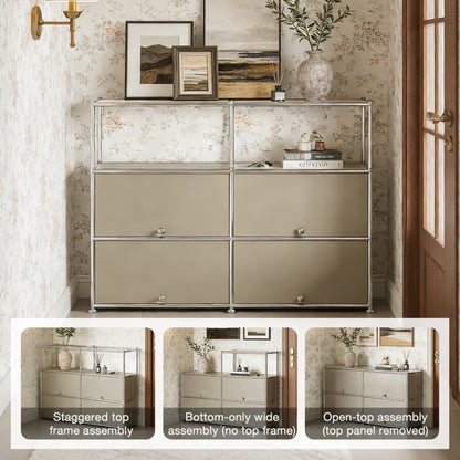 Fortune Candy 4-Door Modular Metal Sideboard with Open Shelf, Modern Twin-Row Grid Cabinet for Dining or Living Room, Office, Light Gray