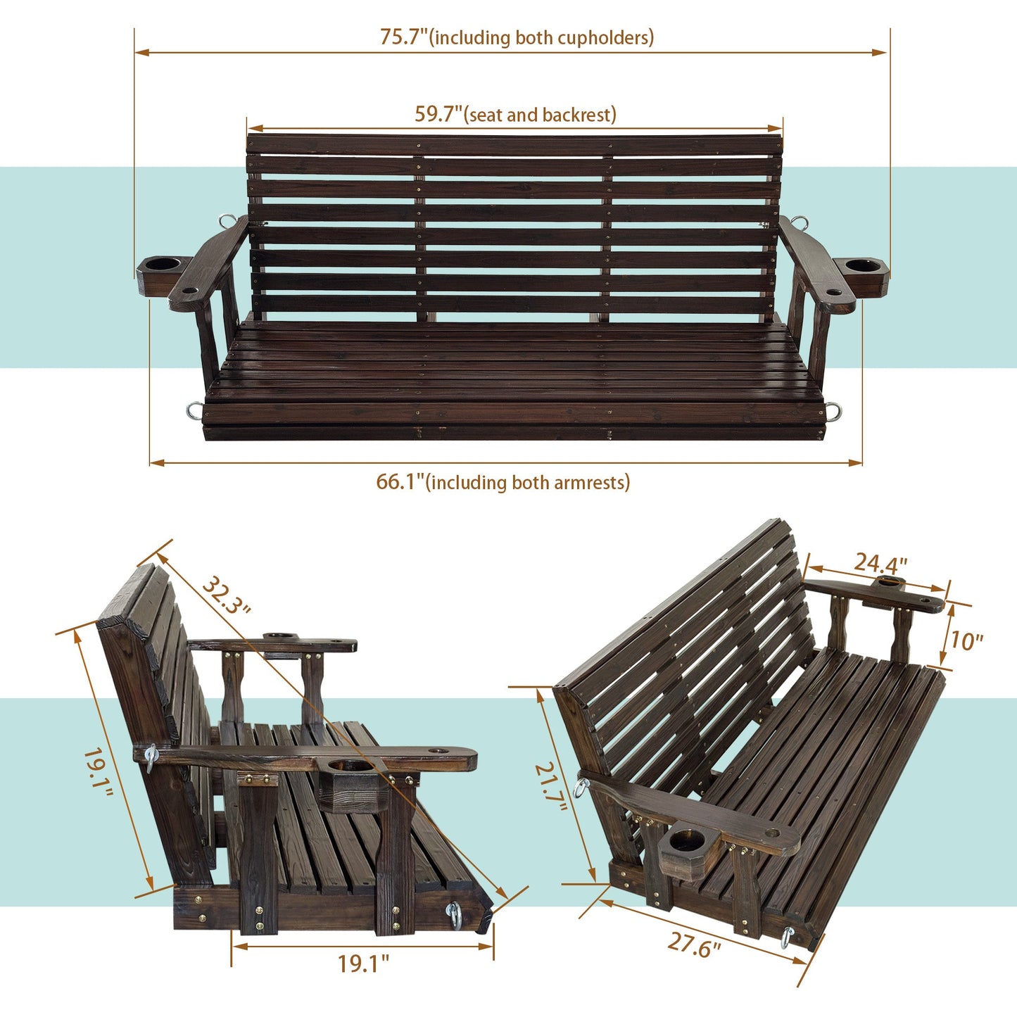 Fortune Candy Extended 3-Seater Wooden Porch Swing with Seat Cushion, Cup Holders, Hanging Chains and 7mm Springs, Heavy Duty 880 LBS (Deep Brown, 5.5 FT)