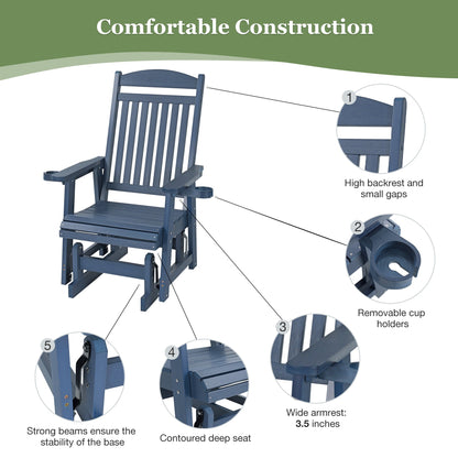 Poly Lumber Patio Glider for One Person, with Cup Holders, High Backrest and Deep Contoured Seat, HIPS Material, All-Weather Resistant, Heavy Duty 700 LBS (Navy Blue)