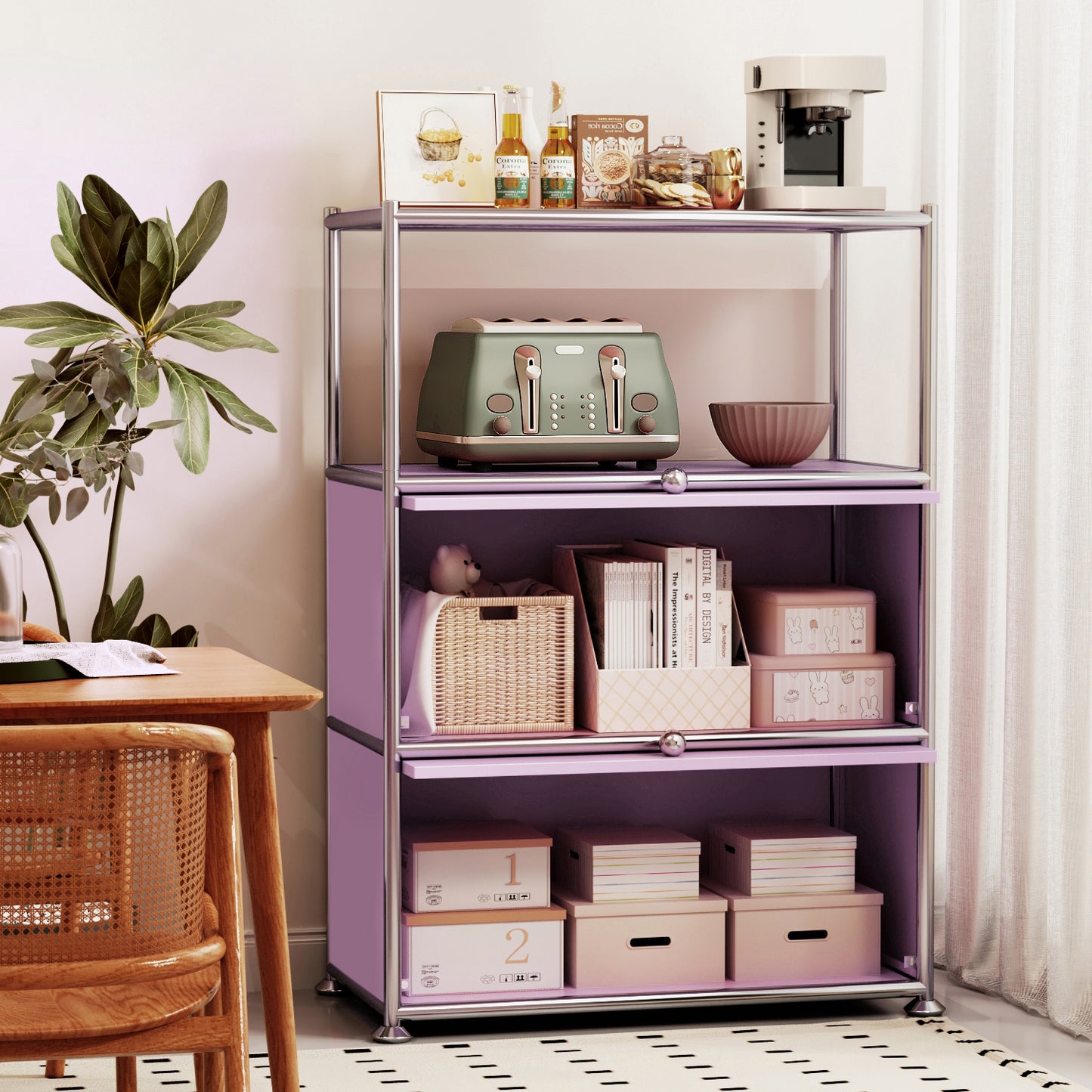 Fortune Candy 3 Tier Modular Metal Storage Cabinet, Modern Grid-Style Organizer for Dining Room, Living Room or Office, Pink