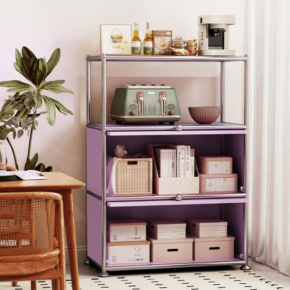 Fortune Candy 3 Tier Modular Metal Storage Cabinet, Modern Grid-Style Organizer for Dining Room, Living Room or Office, Pink