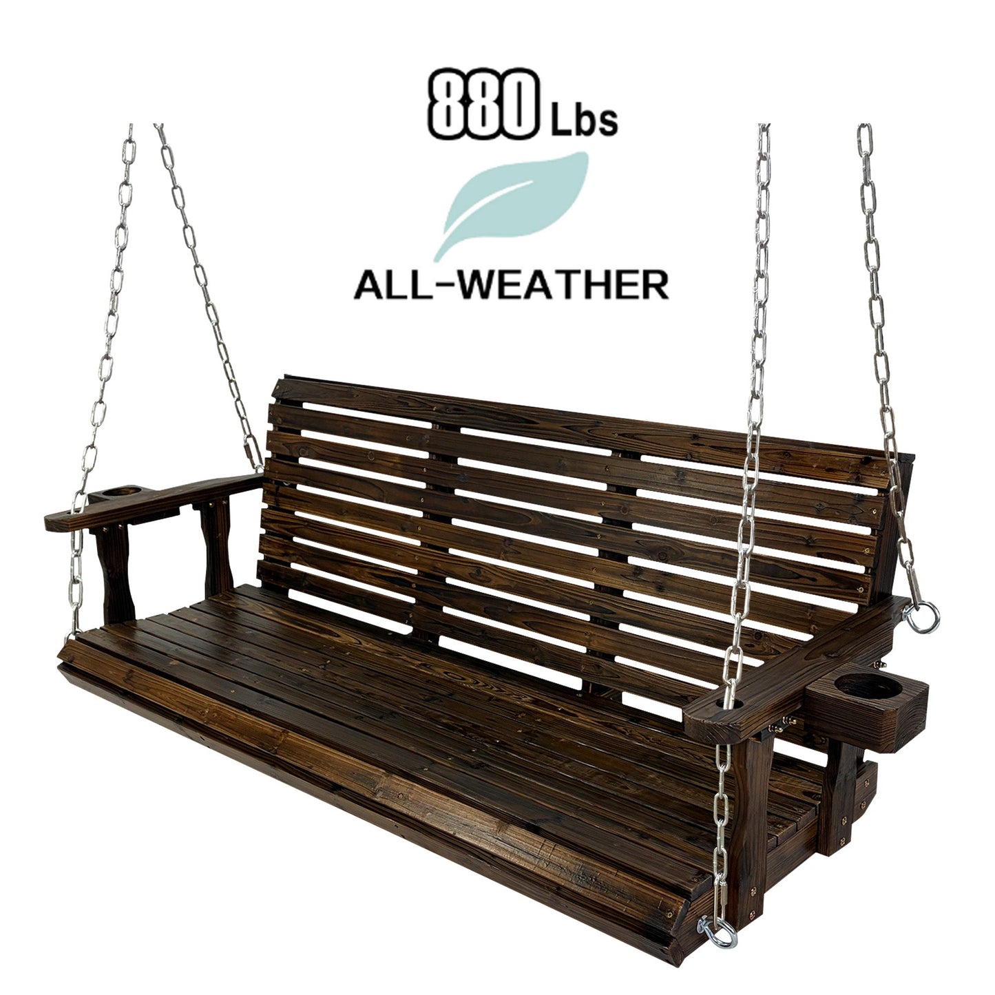 Fortune Candy Extended 3-Seater Wooden Porch Swing with Seat Cushion, Cup Holders, Hanging Chains and 7mm Springs, Heavy Duty 880 LBS (Deep Brown, 5.5 FT)