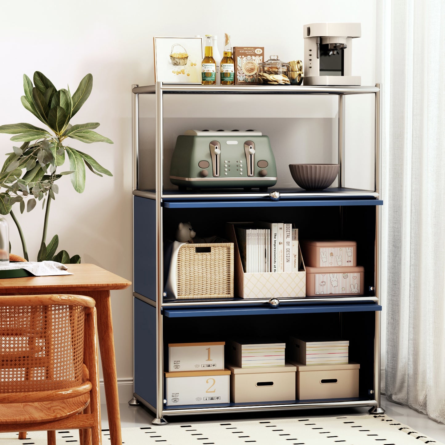 Fortune Candy 3 Tier Modular Metal Storage Cabinet, Modern Grid-Style Organizer for Dining Room, Living Room or Office, Blue
