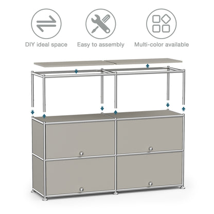 Fortune Candy 4-Door Modular Metal Sideboard with Open Shelf, Modern Twin-Row Grid Cabinet for Dining or Living Room, Office, Light Gray