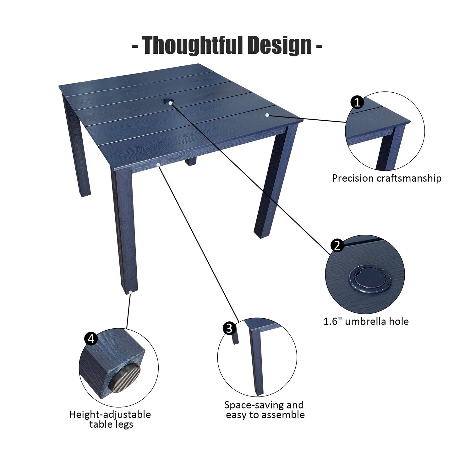 Poly Lumber Patio Dining Table, 36.2-Inches HIPS Outdoor Dining Table with Umbrella Hole, Weather Resistant (Navy Blue, 1 Piece)