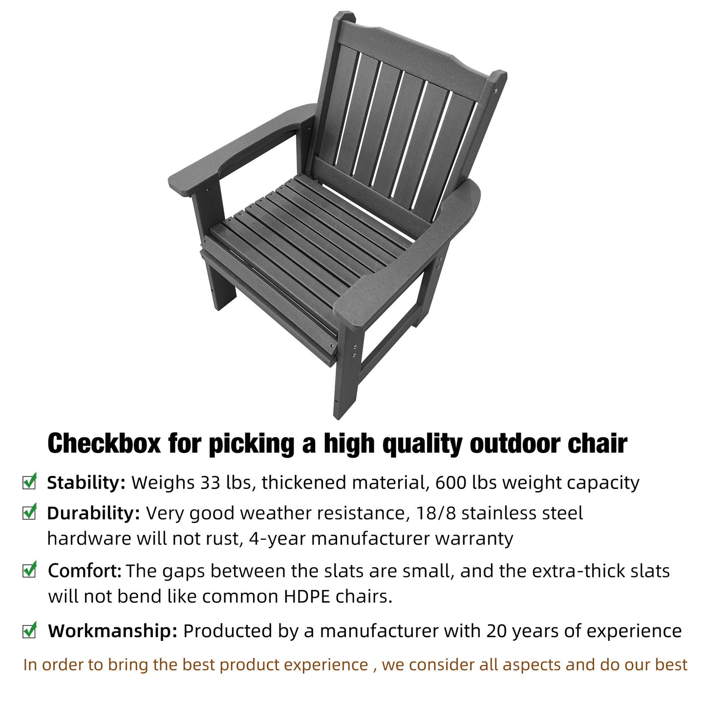 HDPE Patio Dining Chair, Outdoor Chair with 18/8 Stainless Steel Hardware, Heavy Duty 600 LBS, for Outdoor Patio Garden Yard (Gray)