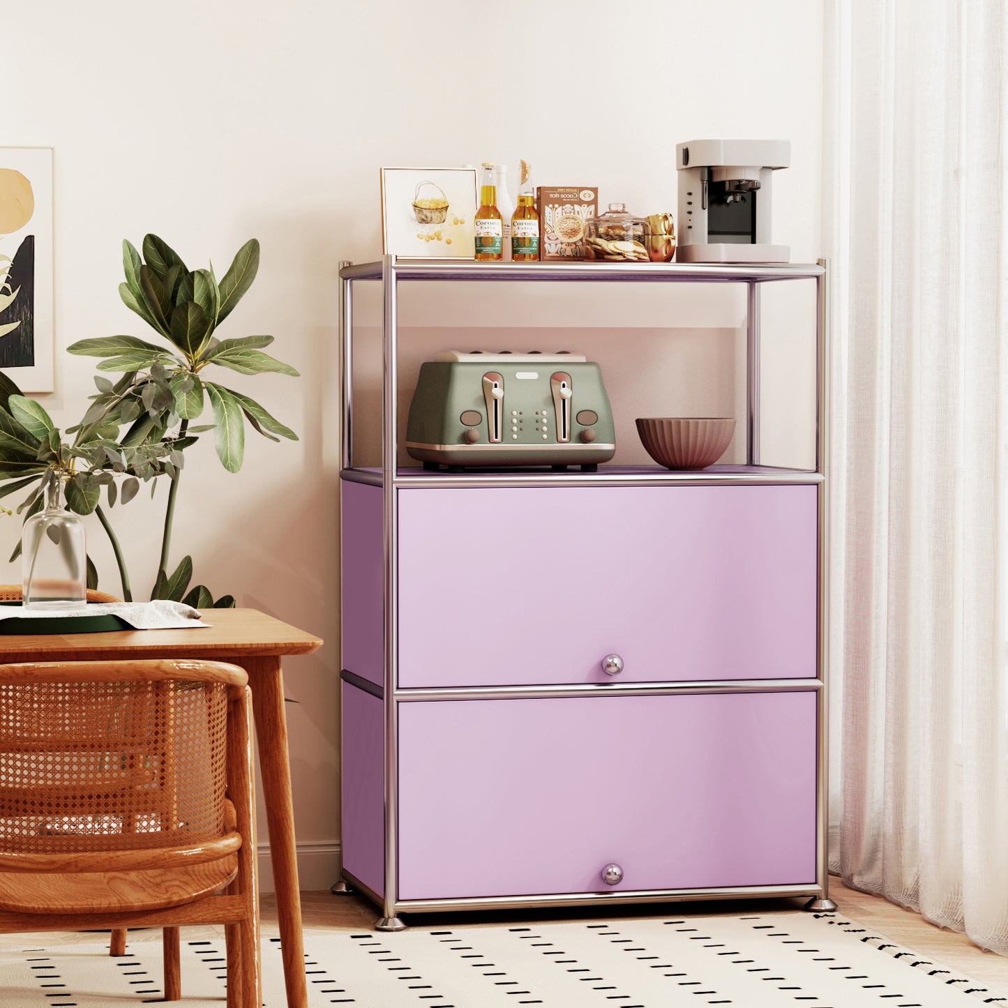 Fortune Candy 3 Tier Modular Metal Storage Cabinet, Modern Grid-Style Organizer for Dining Room, Living Room or Office, Pink
