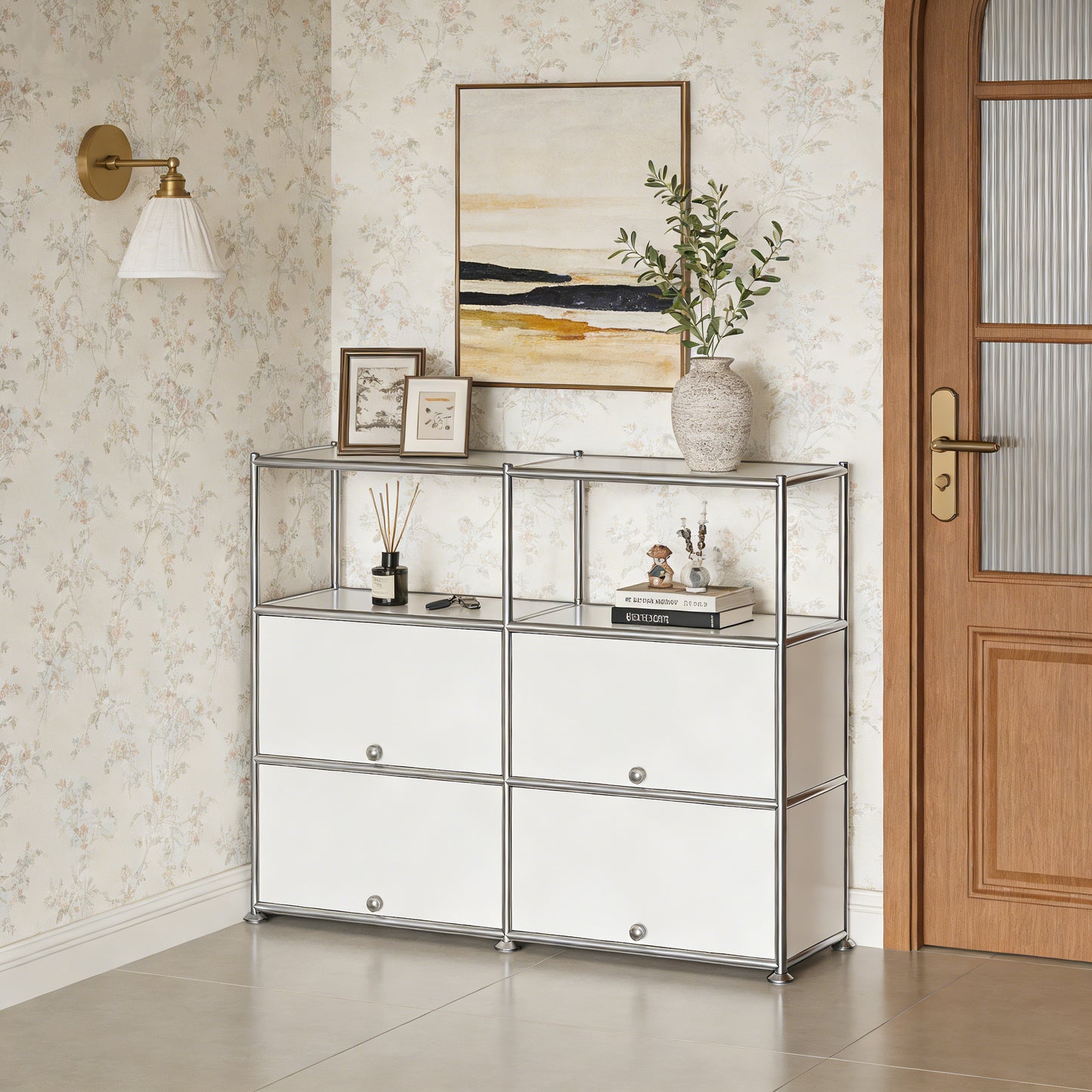 Fortune Candy 4-Door Modular Metal Sideboard with Open Shelf, Modern Twin-Row Grid Cabinet for Dining or Living Room, Office, White