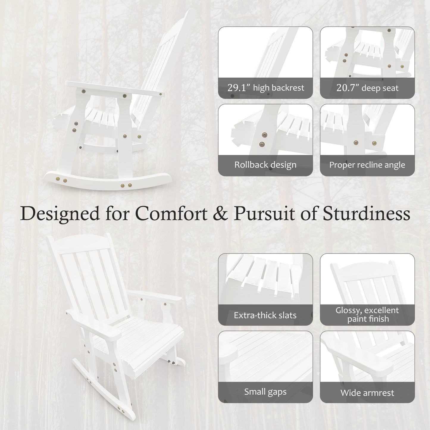 Wooden Patio Rocking Chair with Comfortable Backrest Inclination, High Backrest and Deep Contoured Seat, Solid Fir Wood, Heavy Duty 600 LBS, for Both Outdoor and Indoor (White - 3 Pieces)