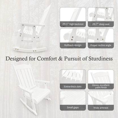 Wooden Patio Rocking Chair with Comfortable Backrest Inclination, High Backrest and Deep Contoured Seat, Solid Fir Wood, Heavy Duty 600 LBS, for Both Outdoor and Indoor (White - 3 Pieces)