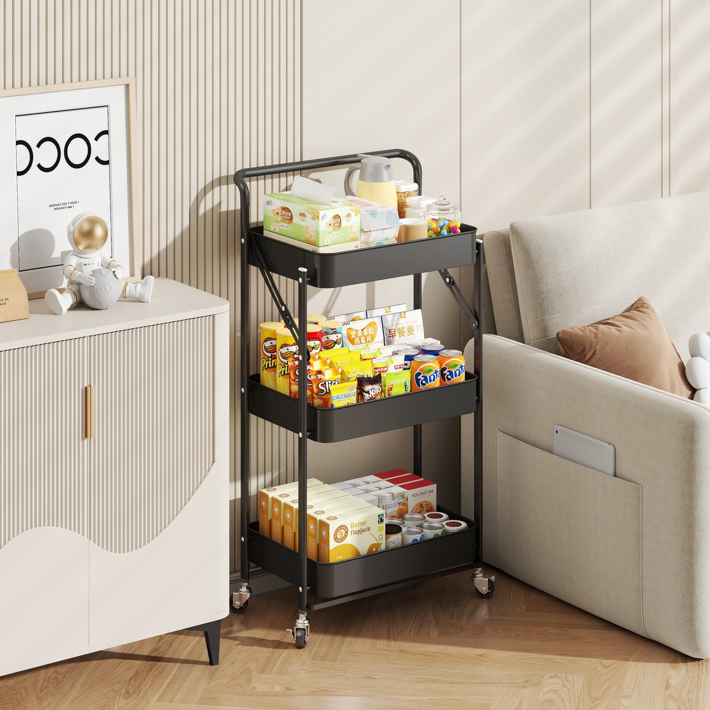 Fortune Candy Foldable 3-Tier Rolling Utility Cart, No-Assembly Multipurpose Storage Organizer with Handle for Home or Office, Black