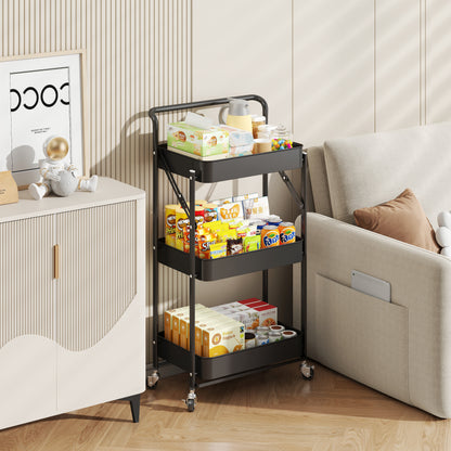 Fortune Candy Foldable 3-Tier Rolling Utility Cart, No-Assembly Multipurpose Storage Organizer with Handle for Home or Office, Black