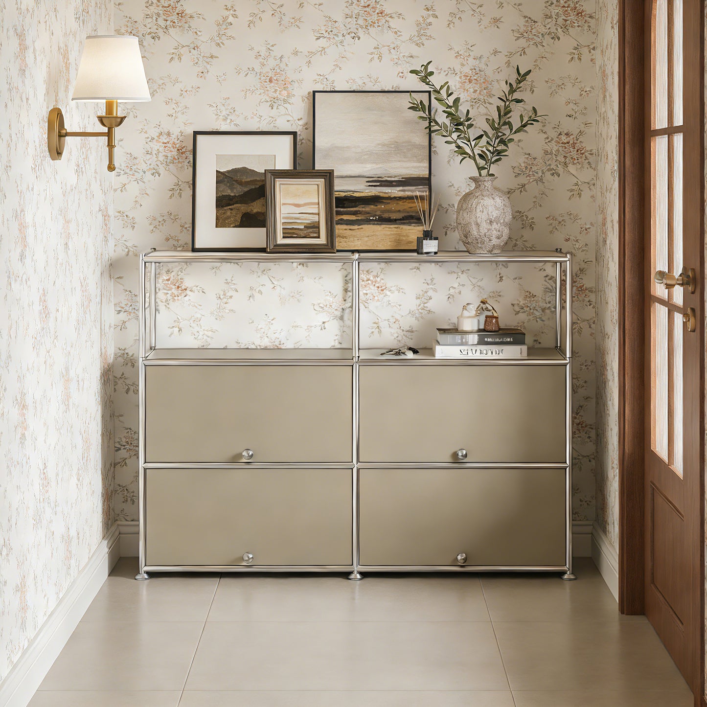 Fortune Candy 4-Door Modular Metal Sideboard with Open Shelf, Modern Twin-Row Grid Cabinet for Dining or Living Room, Office, Light Gray