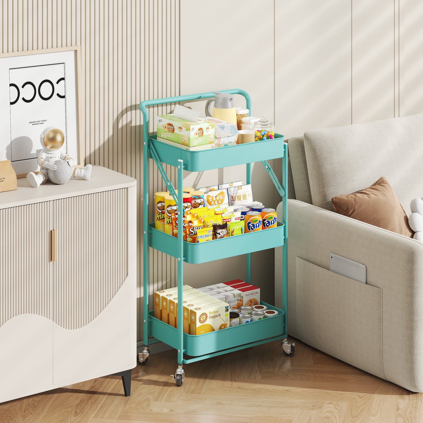 Fortune Candy Foldable 3-Tier Rolling Utility Cart, No-Assembly Multipurpose Storage Organizer with Handle for Home or Office, Green