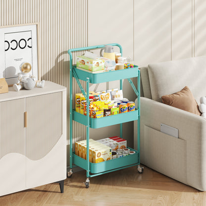 Fortune Candy Foldable 3-Tier Rolling Utility Cart, No-Assembly Multipurpose Storage Organizer with Handle for Home or Office, Green