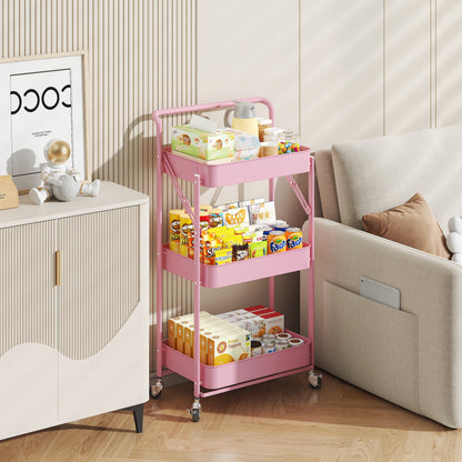 Fortune Candy Foldable 3-Tier Rolling Utility Cart, No-Assembly Multipurpose Storage Organizer with Handle for Home or Office, Pink