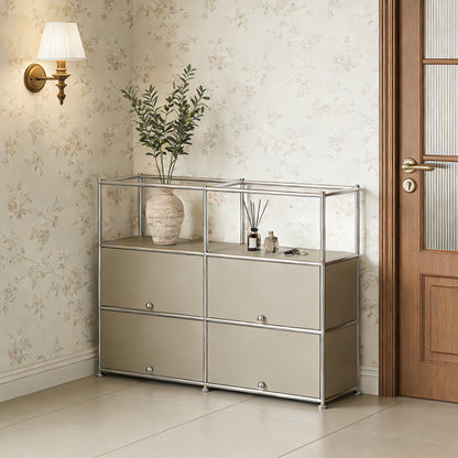 Fortune Candy 4-Door Modular Metal Sideboard with Open Shelf, Modern Twin-Row Grid Cabinet for Dining or Living Room, Office, Light Gray