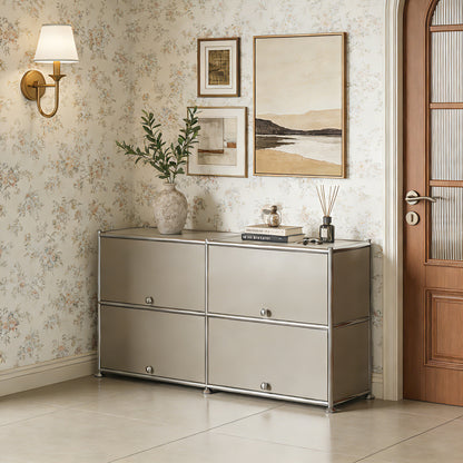 Fortune Candy 4-Door Modular Metal Sideboard with Open Shelf, Modern Twin-Row Grid Cabinet for Dining or Living Room, Office, Light Gray
