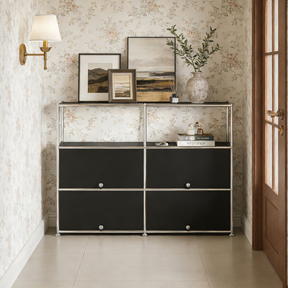 Fortune Candy 4-Door Modular Metal Sideboard with Open Shelf, Modern Twin-Row Grid Cabinet for Dining or Living Room, Office, Black
