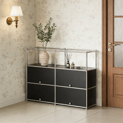 Fortune Candy 4-Door Modular Metal Sideboard with Open Shelf, Modern Twin-Row Grid Cabinet for Dining or Living Room, Office, Black