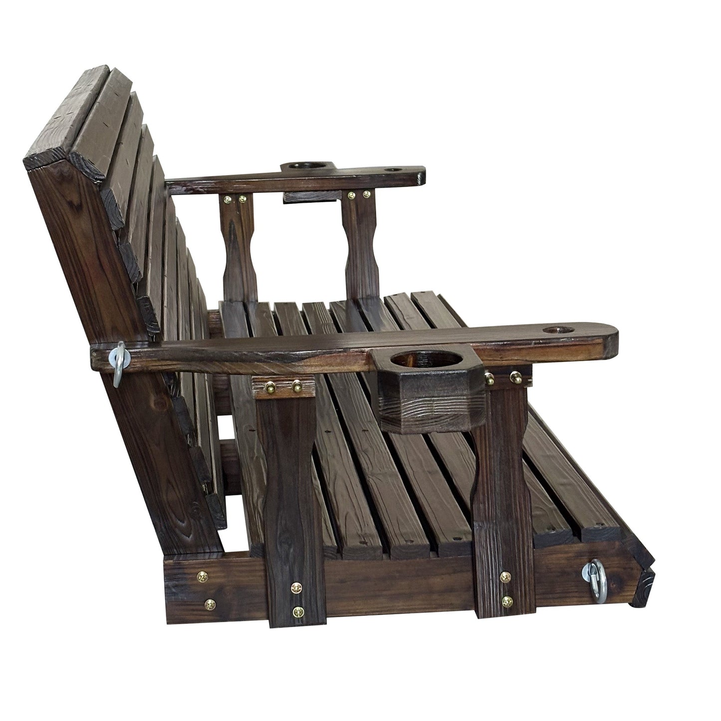 Fortune Candy Extended 3-Seater Wooden Porch Swing with Seat Cushion, Cup Holders, Hanging Chains and 7mm Springs, Heavy Duty 880 LBS (Deep Brown, 5.5 FT)