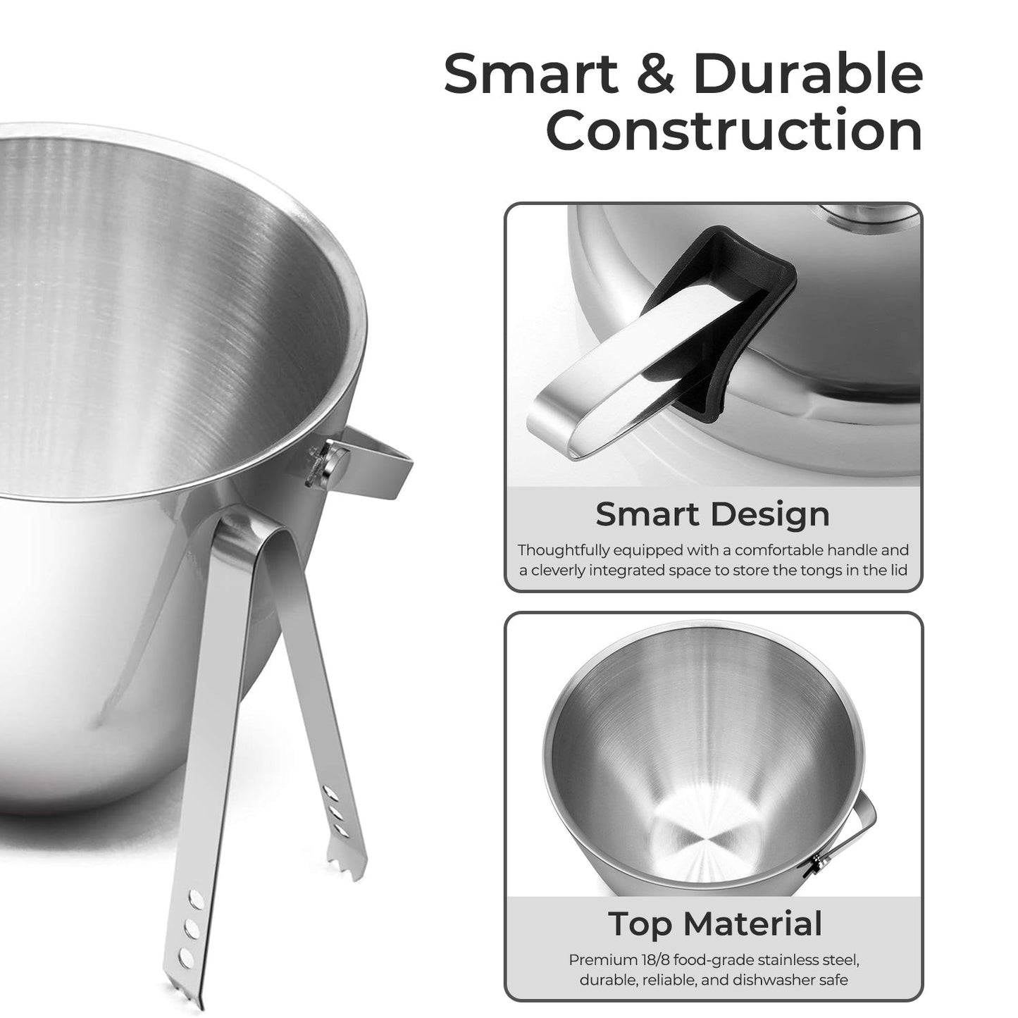 Fortune Candy Insulated Ice Bucket, Stainless Steel Ice Bucket with Ice Tongs, 2.8 L (Silver)