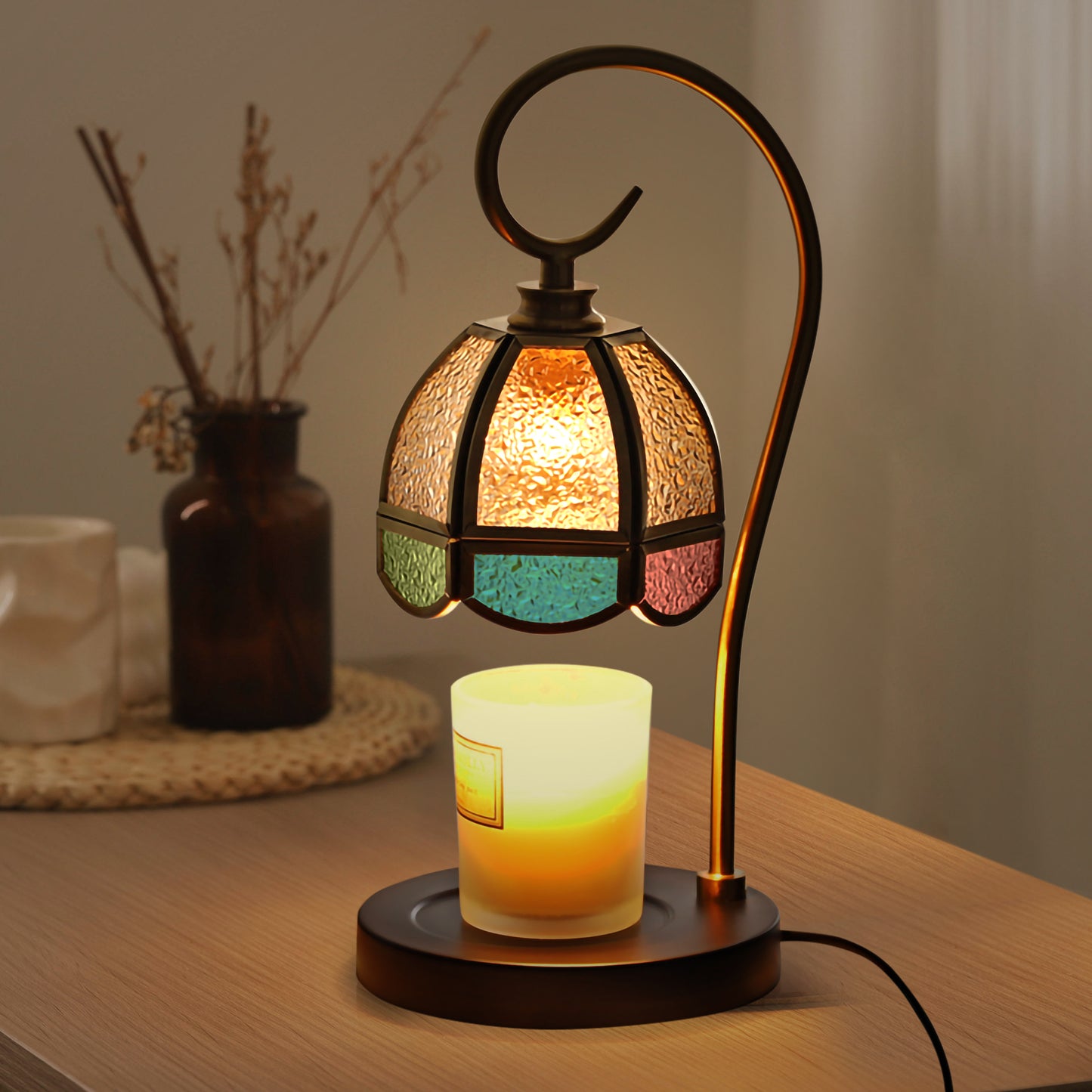 Fortune Candy Flameless Fragrant Candle Melter, Adjustment Knob, Dimmer & Timer, Wooden Base (Vintage-flower Fluted Shade)