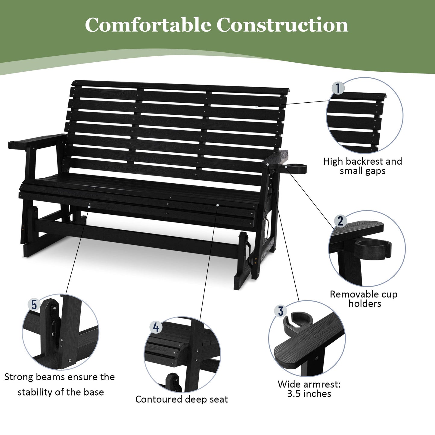 HIPS Patio Glider with Cup Holders, Durable Poly Lumber Material, All-Weather Resistant, High Backrest and Deep Contoured Seat, Ladder Back, Heavy Duty 900 LB, for Outdoor, Patio (Black, 3-Seat)