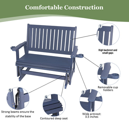 HIPS Patio Glider with Cup Holders, Durable Poly Lumber Material, All-Weather Resistant, High Backrest and Deep Contoured Seat, Heavy Duty 900 LB, for Outdoor, Porch, Patio (Navy Blue, 2-Seat)
