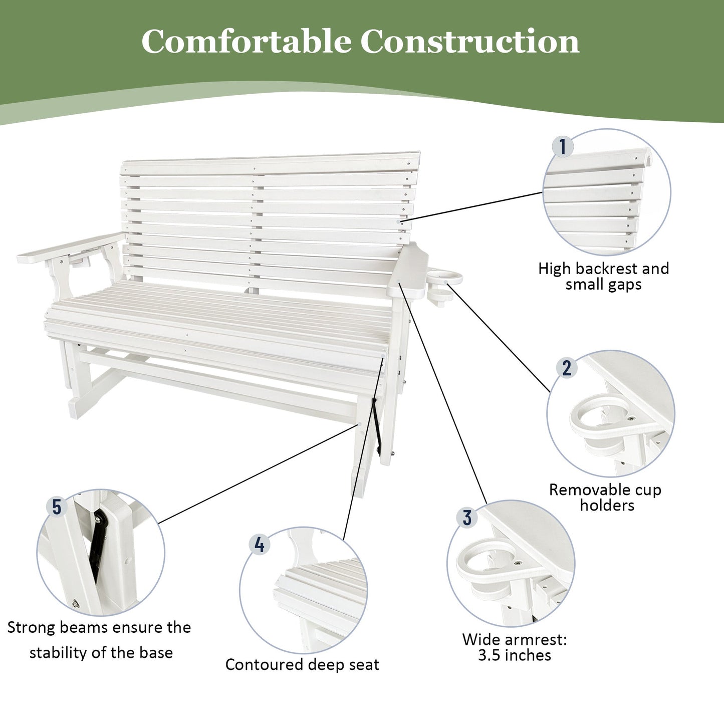 HDPE Patio Glider, Poly Lumber Weather-Resistant Outdoor Glider Bench, for Patio, Porch, Yard (Ivory White, 2-Seater)