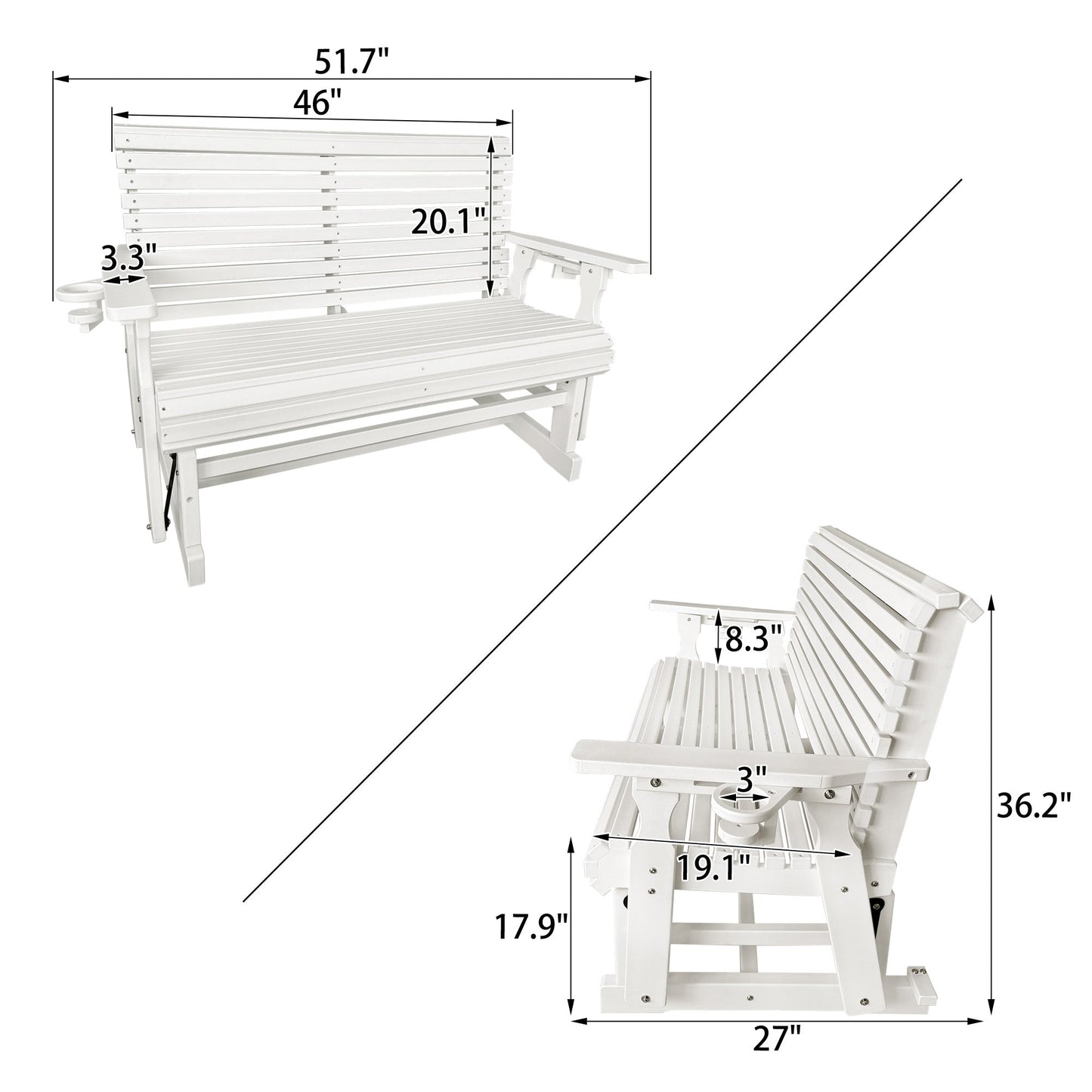 HDPE Patio Glider, Poly Lumber Weather-Resistant Outdoor Glider Bench, for Patio, Porch, Yard (Ivory White, 2-Seater)