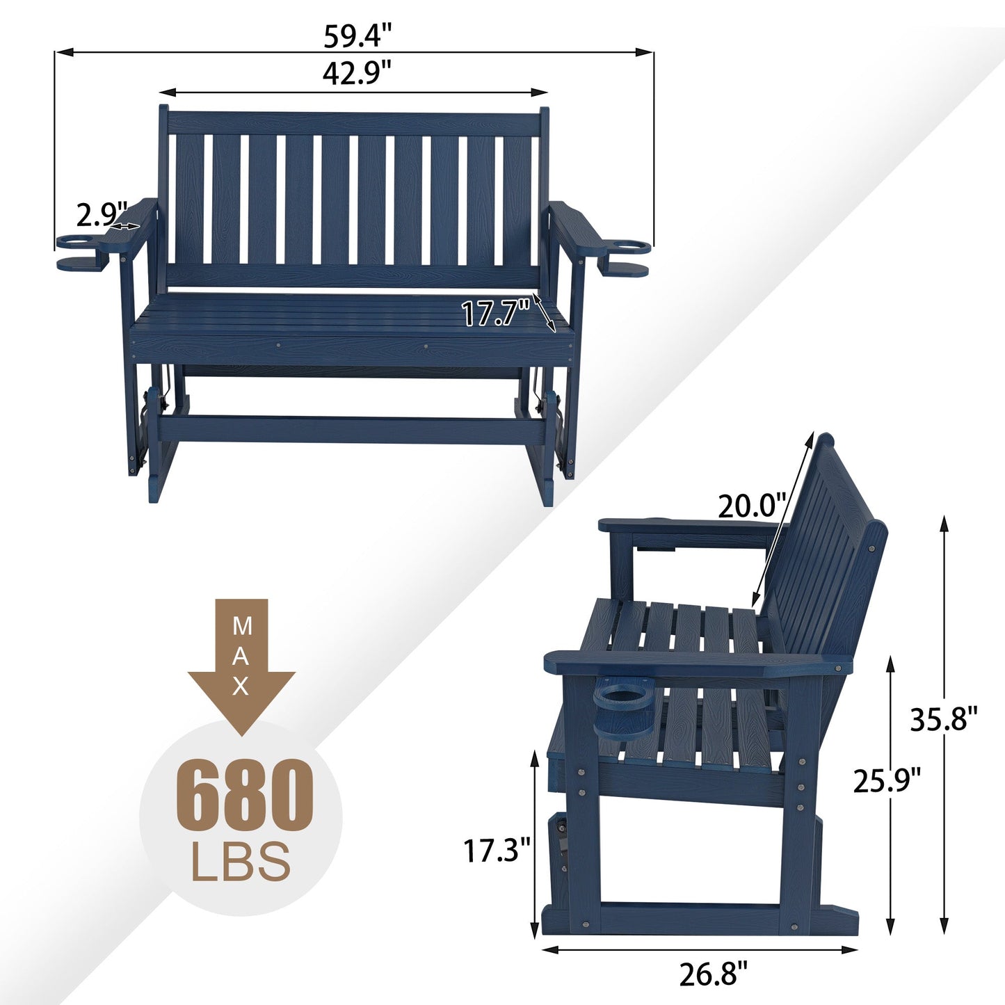 Poly Lumber Patio Glider, HIPS Material Weather-Resistant Swing Bench for Outdoor Porch Garden (Navy Blue, 2-Seater)