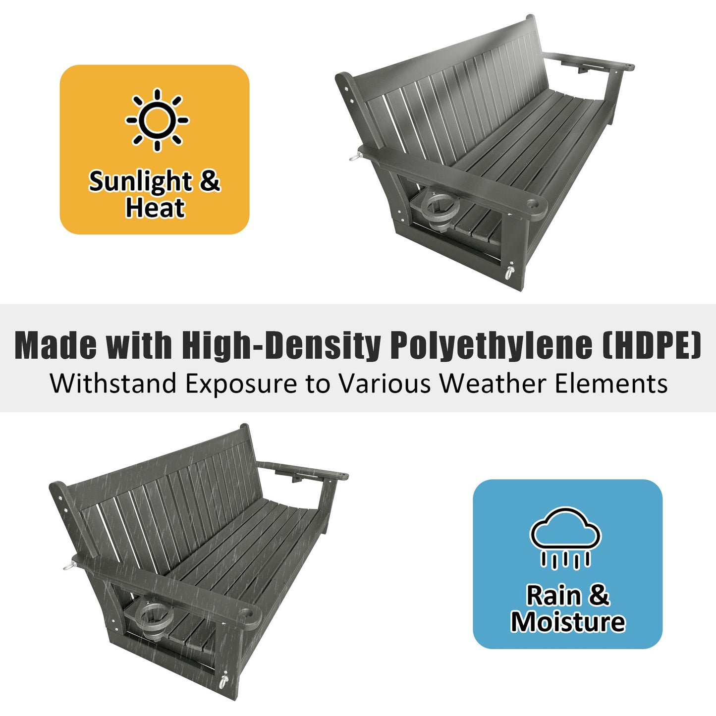 HDPE 3-Seater Porch Swing, 5-Feet Bench Swing with Foldable Cup Holders,18/8 Stainless Steel Hardware, High Backrest and Deep Contoured Seat (Gray, 5-feet)