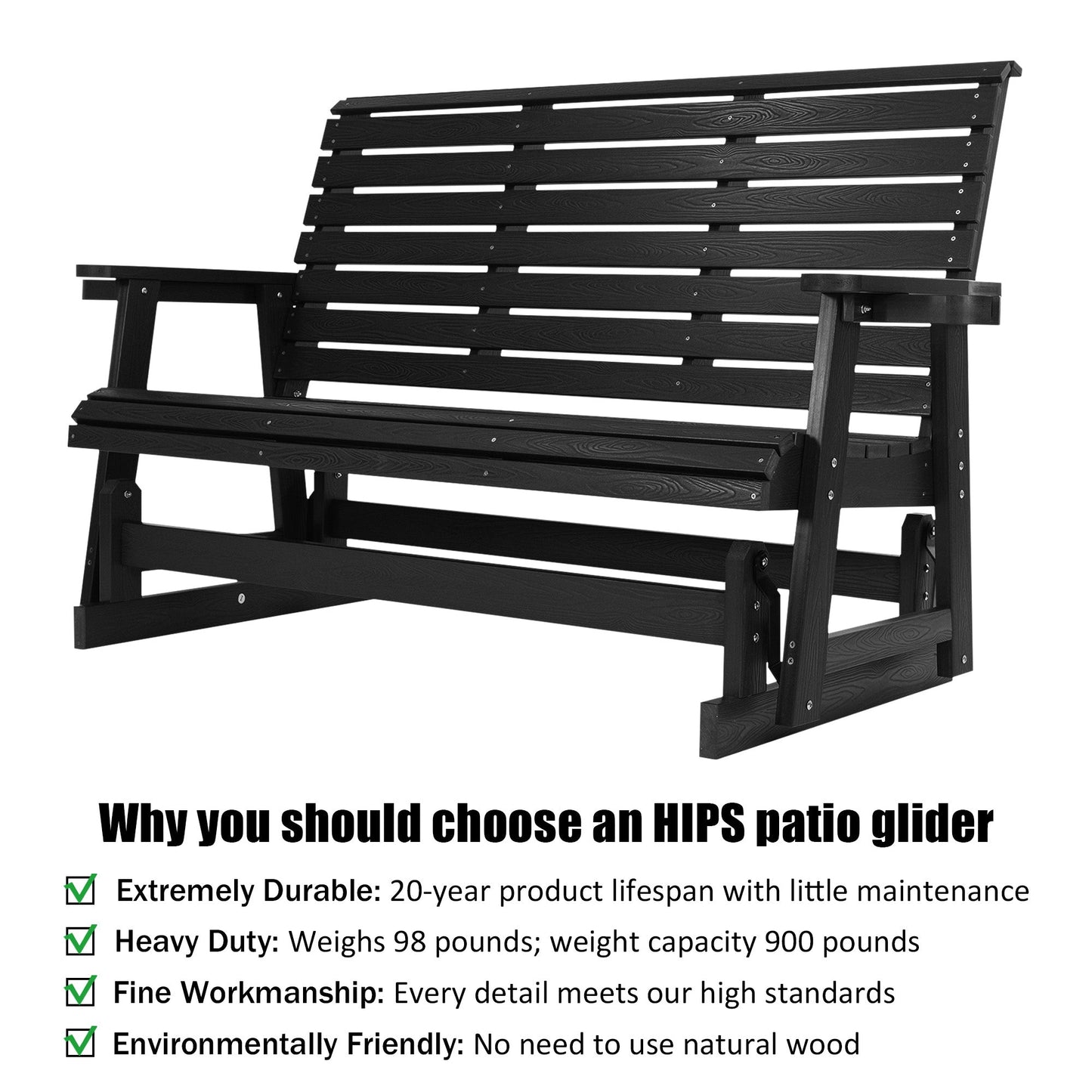 HIPS Patio Glider with Cup Holders, Durable Poly Lumber Material, All-Weather Resistant, High Backrest and Deep Contoured Seat, Ladder Back, Heavy Duty 900 LB, for Outdoor, Patio (Black, 3-Seat)