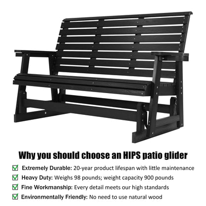 HIPS Patio Glider with Cup Holders, Durable Poly Lumber Material, All-Weather Resistant, High Backrest and Deep Contoured Seat, Ladder Back, Heavy Duty 900 LB, for Outdoor, Patio (Black, 3-Seat)