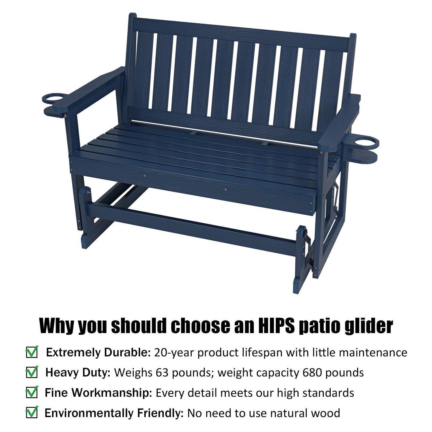 Poly Lumber Patio Glider, HIPS Material Weather-Resistant Swing Bench for Outdoor Porch Garden (Navy Blue, 2-Seater)