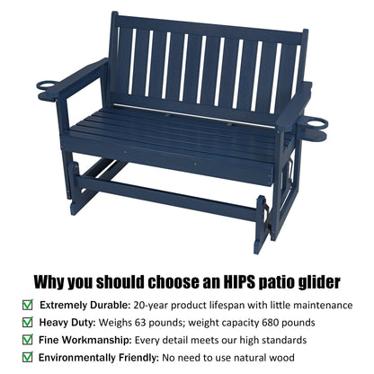 Poly Lumber Patio Glider, HIPS Material Weather-Resistant Swing Bench for Outdoor Porch Garden (Navy Blue, 2-Seater)