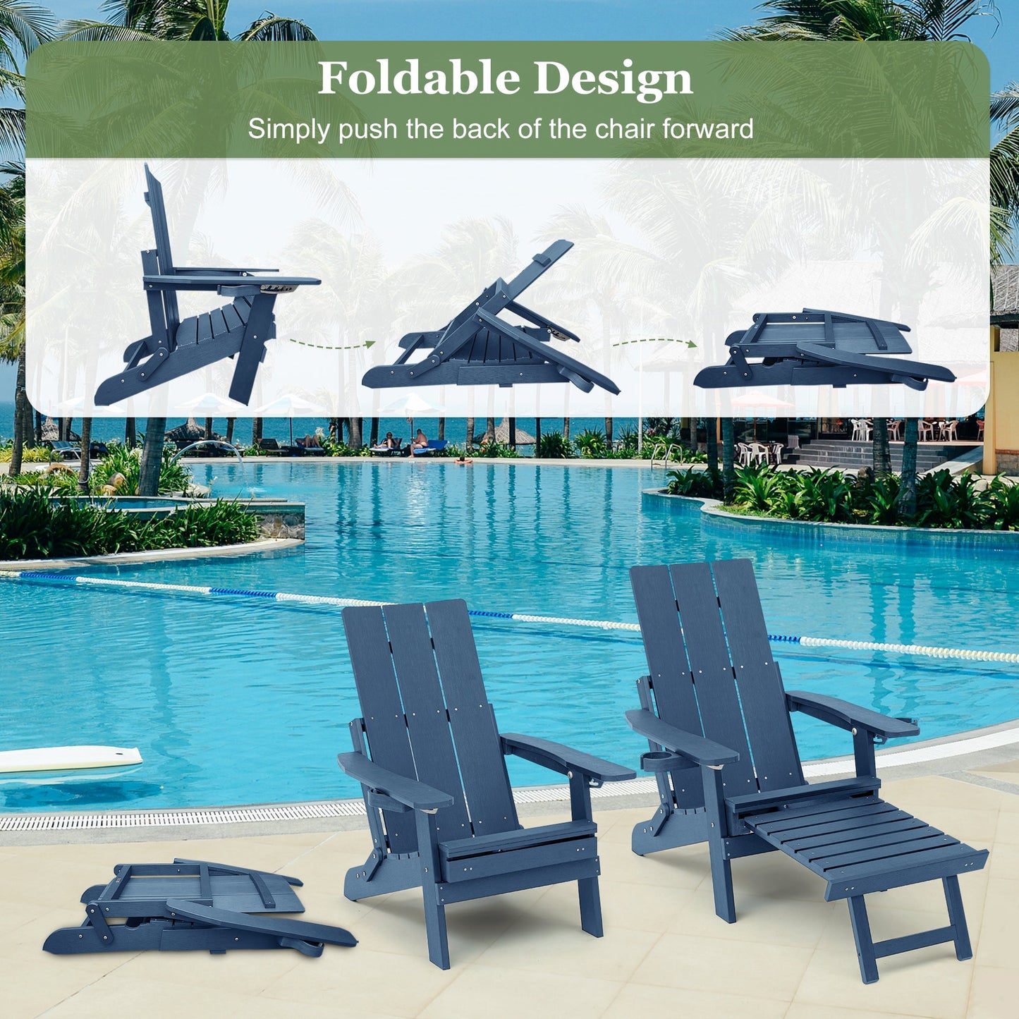 Poly Lumber Adirondack Chair with Cup Holders, Ottoman and Cushion, Adjustable Backrest, All-Weather Resistant HIPS Material, Wood-Like Pattern, Heavy Duty 700 LBS (Navy Blue)