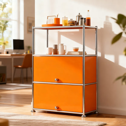 Fortune Candy 3 Tier Metal Storage Cabinet with Doors, Modern Organizer, Open Shelf for Dining Room or Living Space, Orange