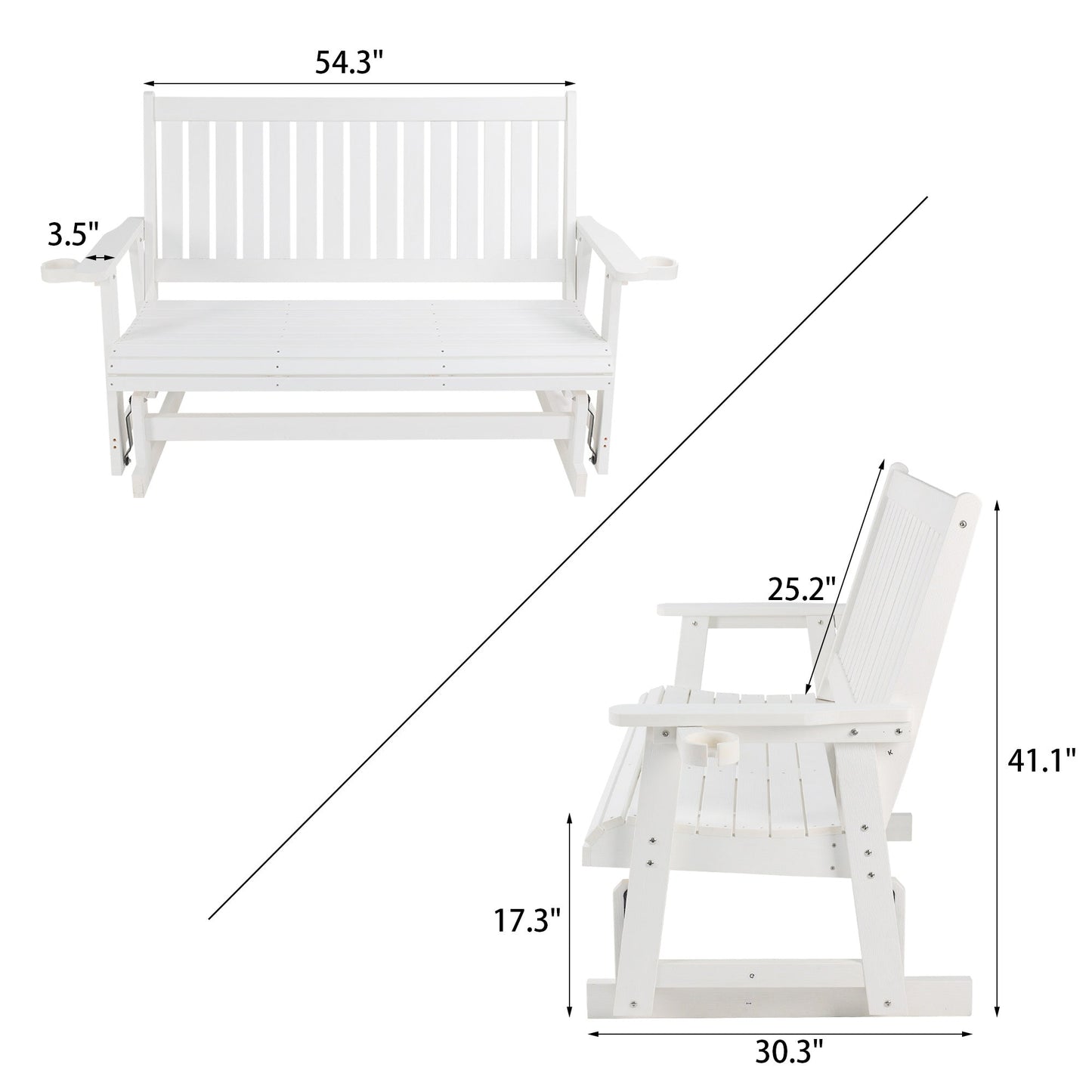 HIPS Patio Glider with Cup Holders, Durable Poly Lumber Material, All-Weather Resistant, High Backrest and Deep Contoured Seat, Heavy Duty 900 LB, for Outdoor, Porch, Patio (Ivory White, 3-Seat)