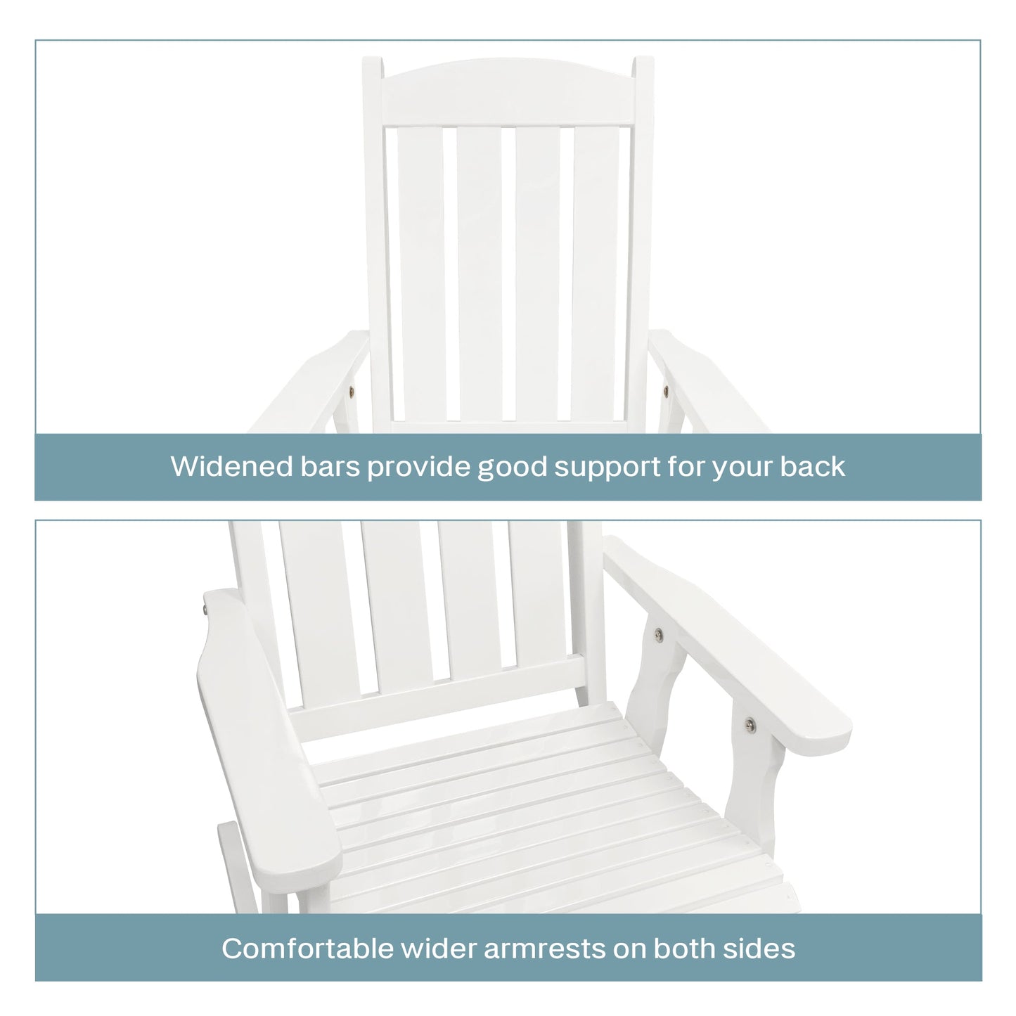 Wooden Patio Rocking Chair with Comfortable Backrest Inclination, High Backrest and Deep Contoured Seat, Solid Fir Wood, Heavy Duty 600 LBS, for Both Outdoor and Indoor (White - 3 Pieces)