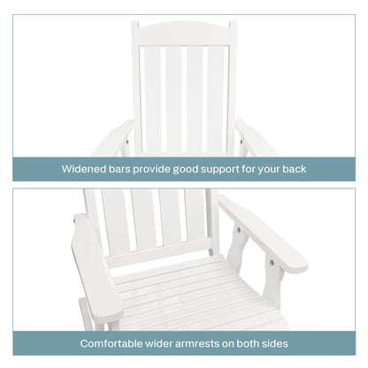 Wooden Patio Rocking Chair with Comfortable Backrest Inclination, High Backrest and Deep Contoured Seat, Solid Fir Wood, Heavy Duty 600 LBS, for Both Outdoor and Indoor (White - 3 Pieces)