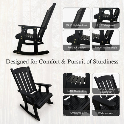 Wooden Rocking Chair with Comfortable Backrest Inclination, High Backrest and Deep Contoured Seat, Solid Fir Wood, Heavy Duty 600 LBS, for Backyard, Porch and Patio (Black PU)