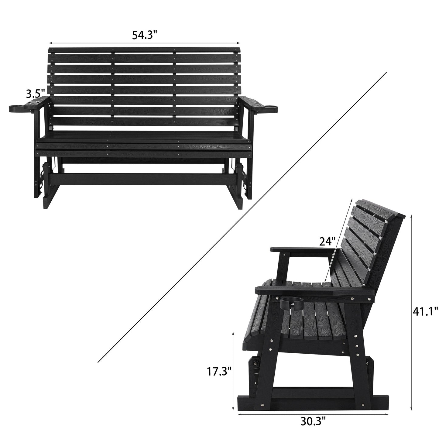 HIPS Patio Glider with Cup Holders, Durable Poly Lumber Material, All-Weather Resistant, High Backrest and Deep Contoured Seat, Ladder Back, Heavy Duty 900 LB, for Outdoor, Patio (Black, 3-Seat)
