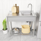 Fortune Candy 39.3" Stainless Steel Kitchen Sink with Faucet - Free Standing Single Bowl Commercial Sink Set, Strainer & Shelf for Indoor/Outdoor