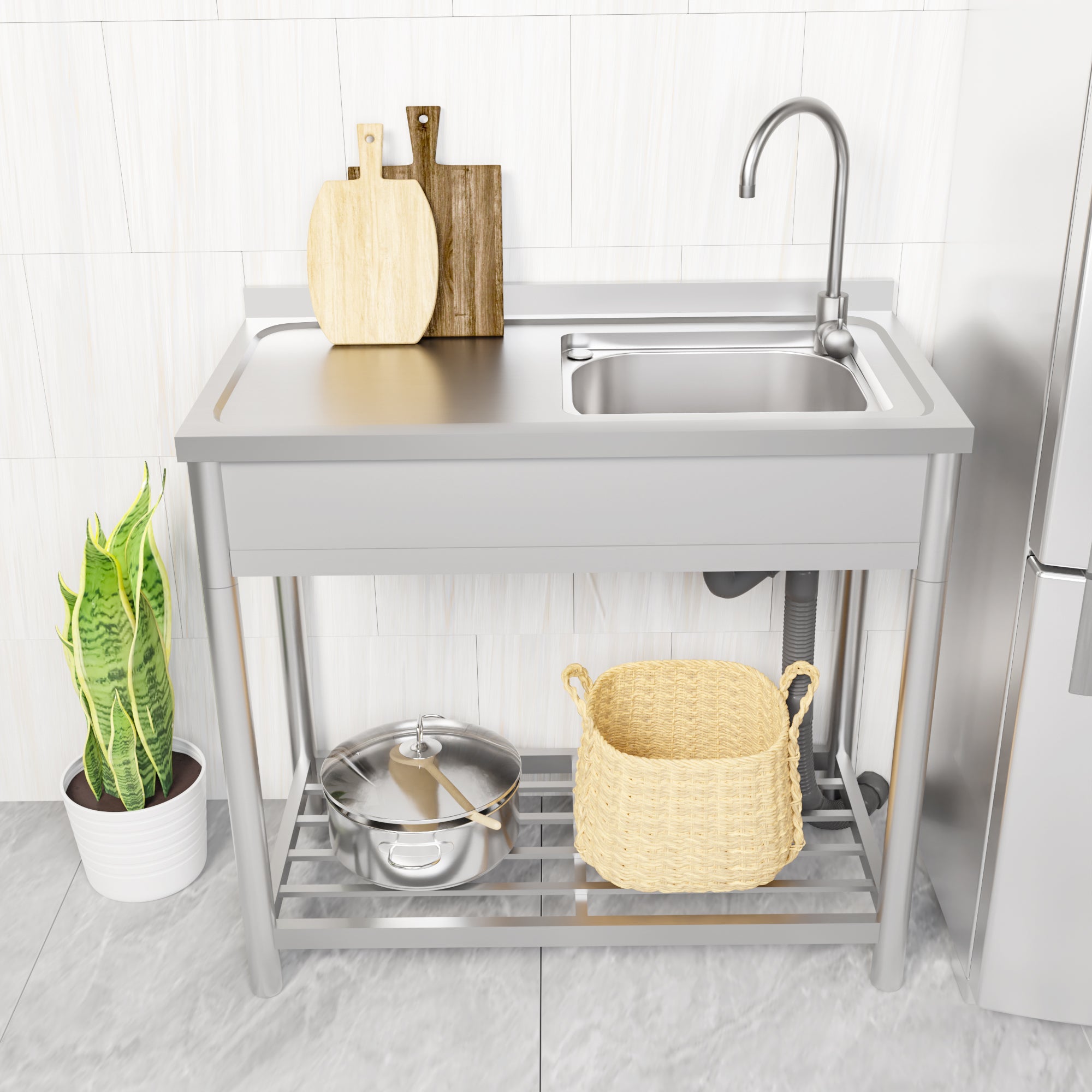 Fortune Candy 39.3" Stainless Steel Kitchen Sink with Faucet - Free Standing Single Bowl Commercial Sink Set, Strainer & Shelf for Indoor/Outdoor