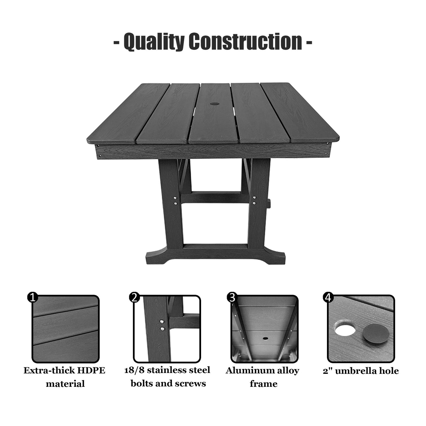 Modern HDPE Patio Dining Table, with Umbrella Hole, Weather Resistant, for Outdoor, Yard, Lawn (Grey, 1 Piece - 35.7'' Table)