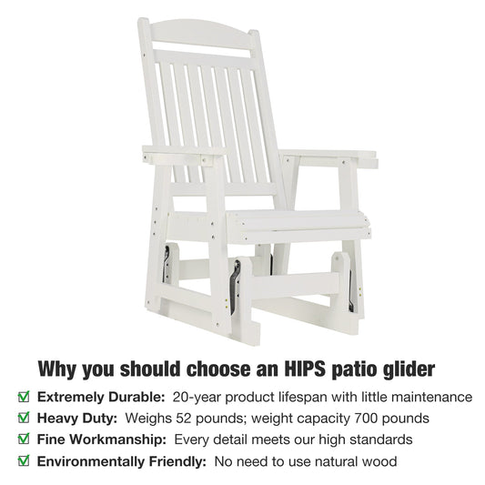 Poly Lumber Patio Glider for One Person, with Cup Holders, High Backrest and Deep Contoured Seat, HIPS Material, All-Weather Resistant, Heavy Duty 700 LBS (Ivory White)