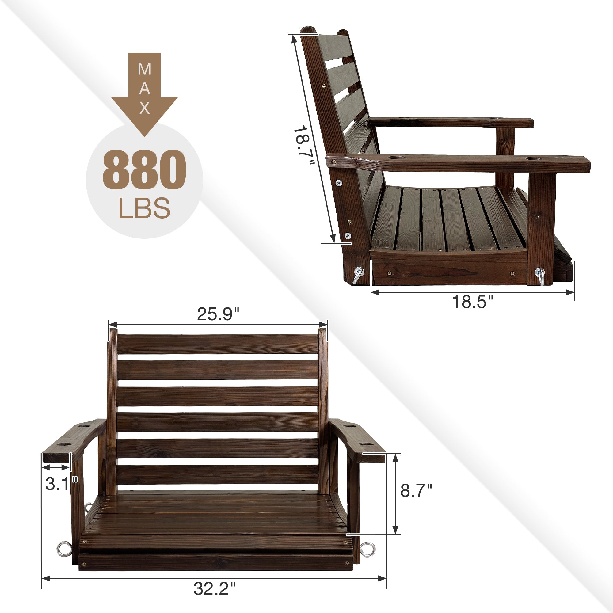 Fortune Candy Wooden Porch Swing 1-Seater, Ergonomic Seat, Bench Swing with Hanging Chains, for Outdoor Patio Garden Yard (Deep Brown)