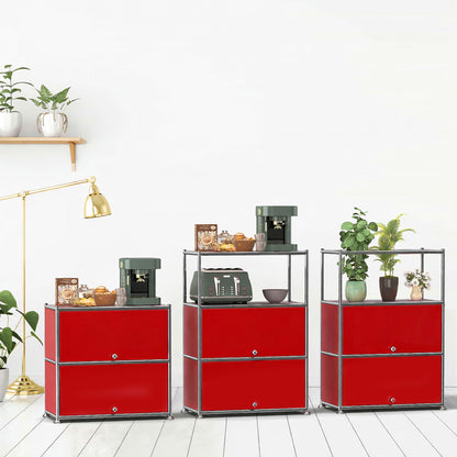 Fortune Candy 3 Tier Modular Metal Storage Cabinet, Modern Grid-Style Organizer for Dining Room, Living Room or Office, Red